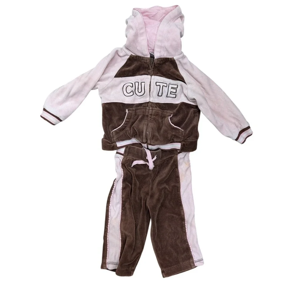 Vintage Miniwear Baby Girls Brown Pink Velour Tracksuit Hoodie Pants Set- 12 MO